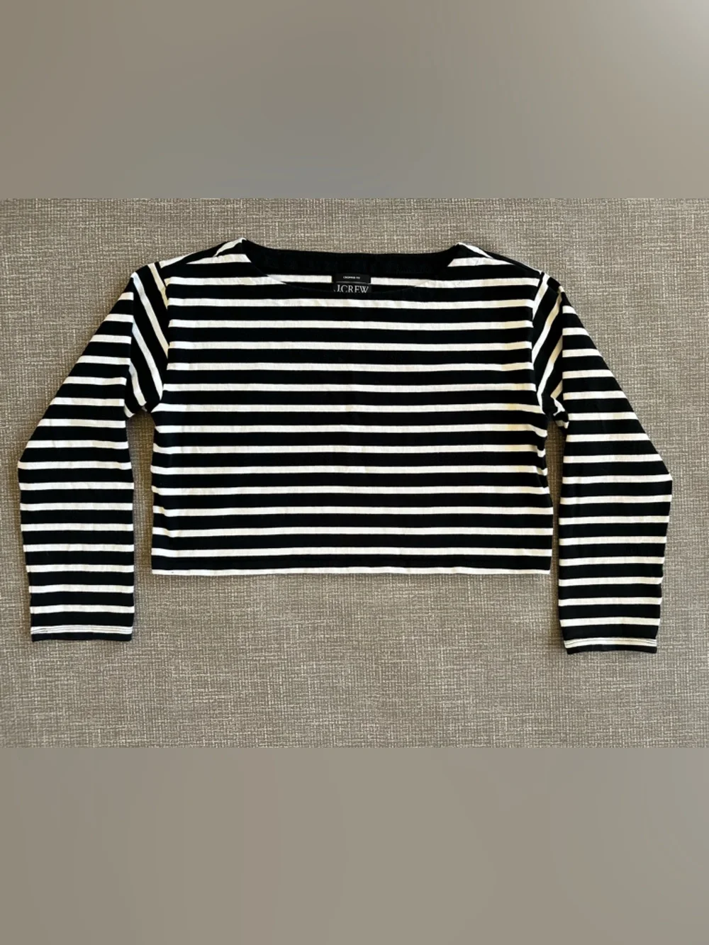 J.Crew Cropped Fit Striped Top Boxy Sz Small Black White Long Sleeve Boat Neck